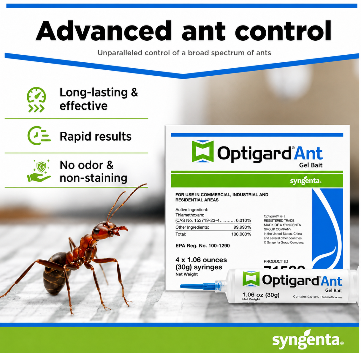 Optigard Ant product graphic with ant and benefits list on a green and blue banner